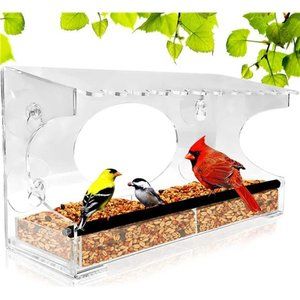 XL Window Bird Feeder-Extended Roof- Steel Perch-Sliding Feed Tray Drains Water
